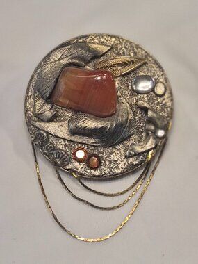 Vintage 1970's Orange Stone + Gemstone Silver + Gold Vomit Brooch